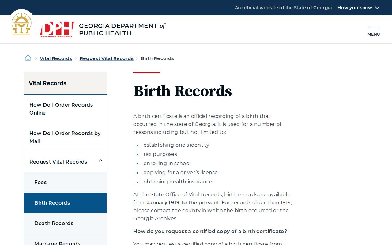 Georgia birth record eligibility and request information