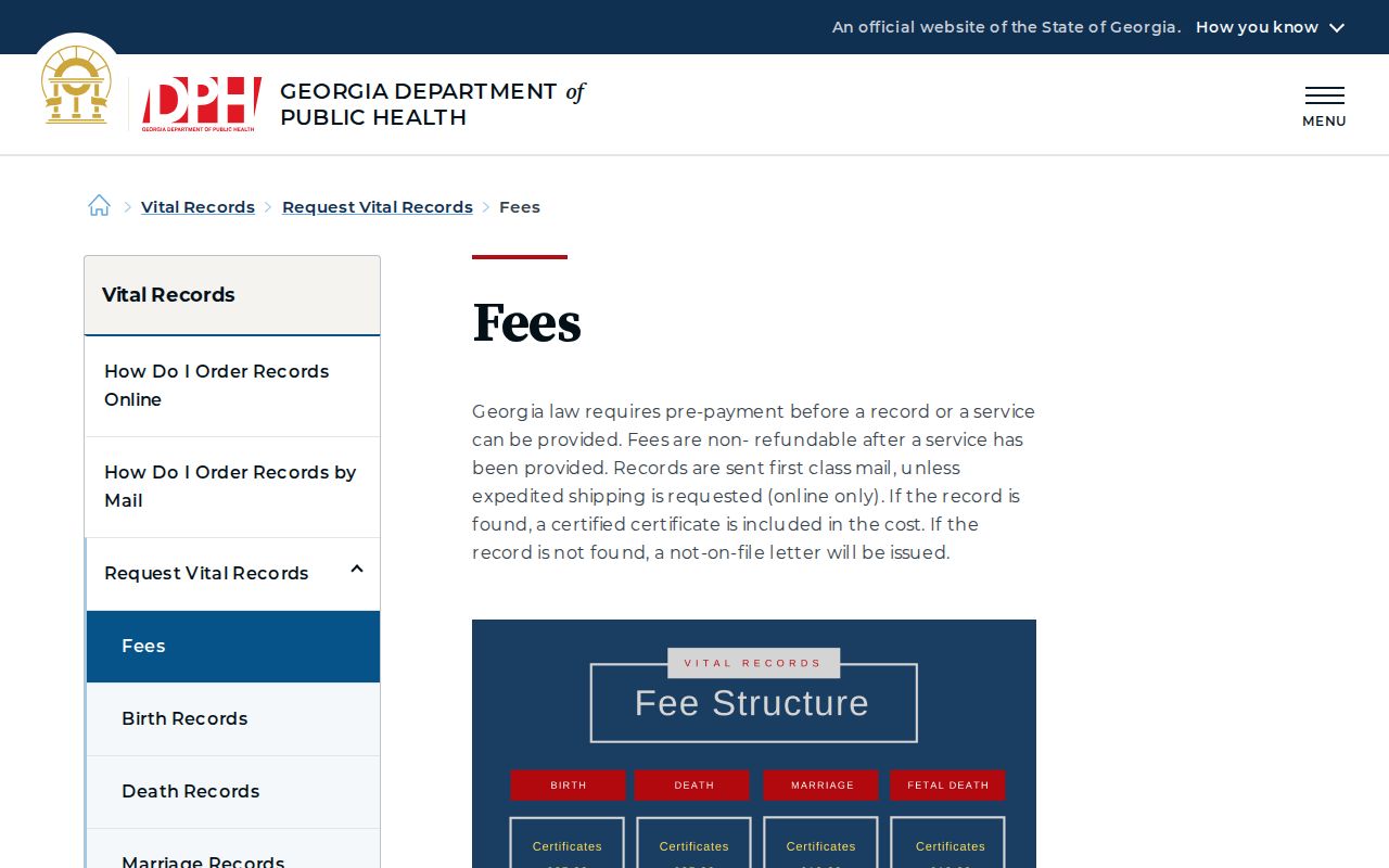 Georgia vital record fee schedule for certificate requests