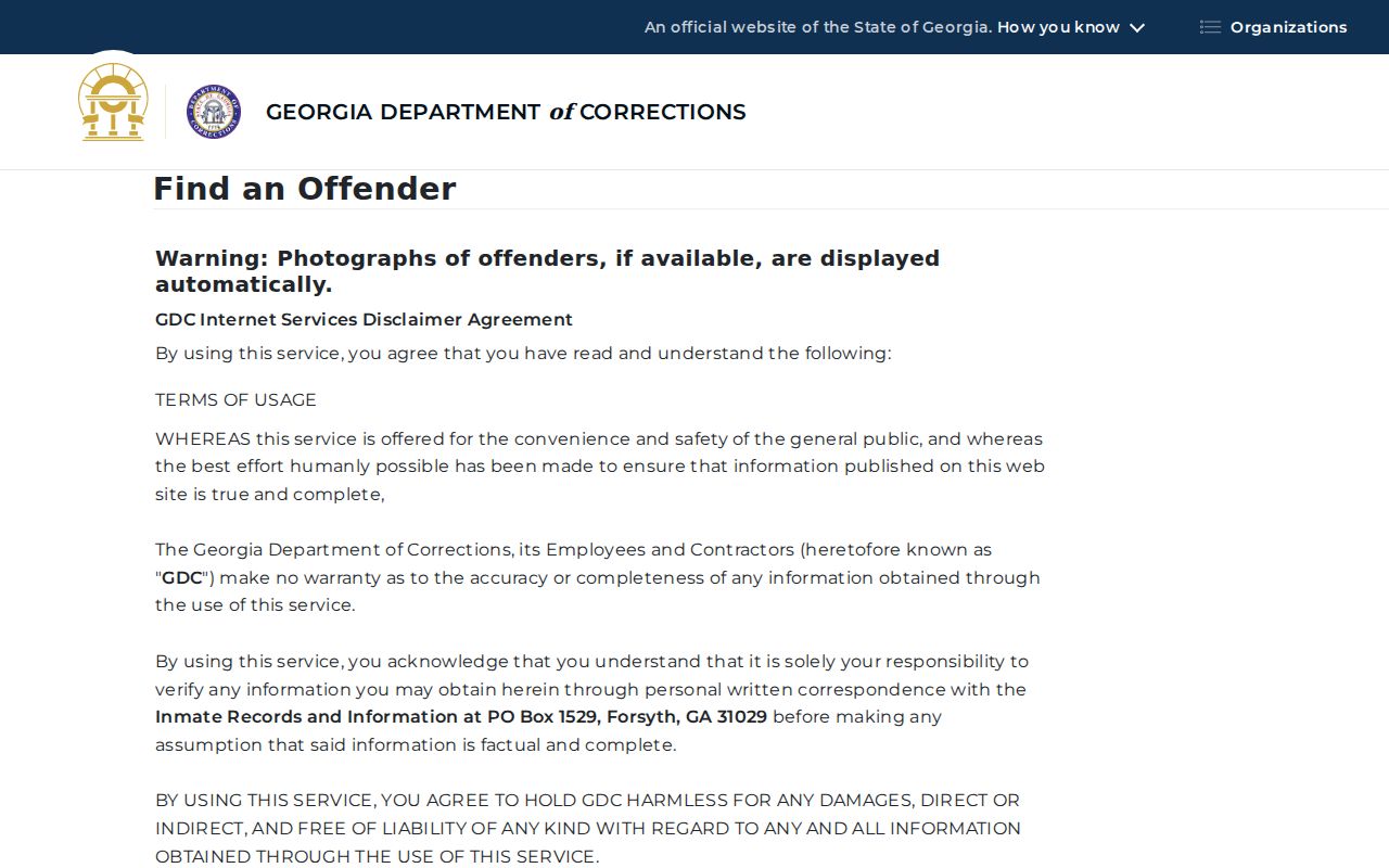Georgia Corrections official offender query form