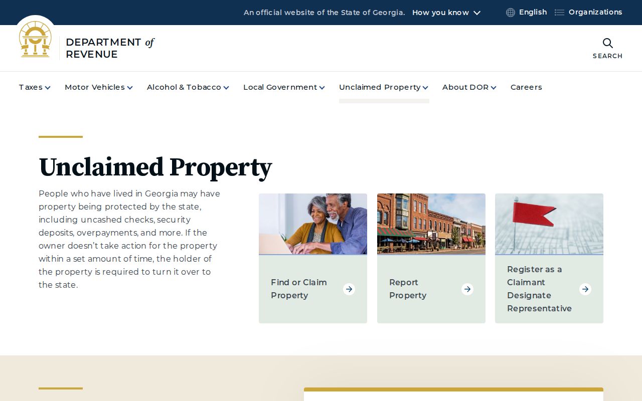 Georgia Unclaimed Property Program search page for name and location clues