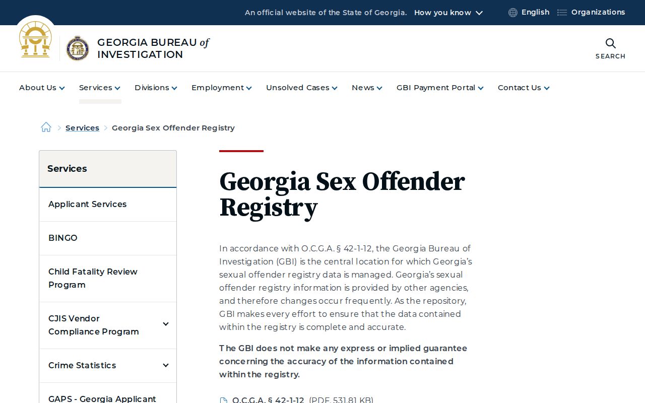 Georgia Bureau of Investigation official registry access and warning page