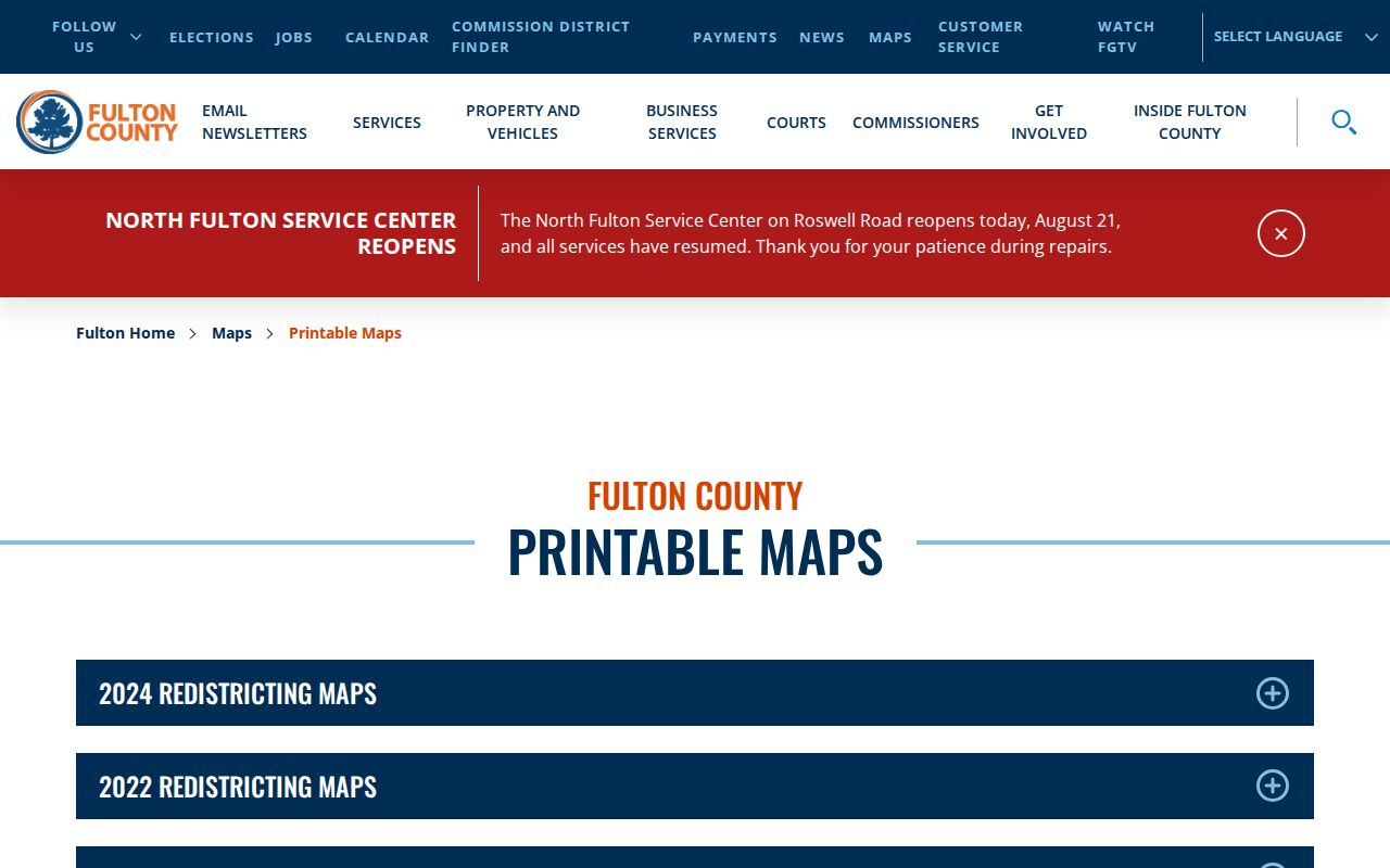 Fulton County printable maps page for street and jurisdiction research